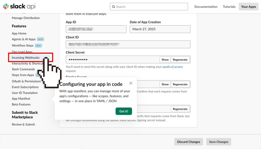 【Incoming Webhooks】をクリック